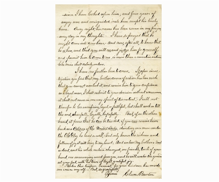 Clara Barton Autograph Letter Signed to General Benjamin Butler, Regarding Her Brother, Imprisoned as a Confederate Spy -- ''...unless my brother's soul is dead, and his whole nature changed...''